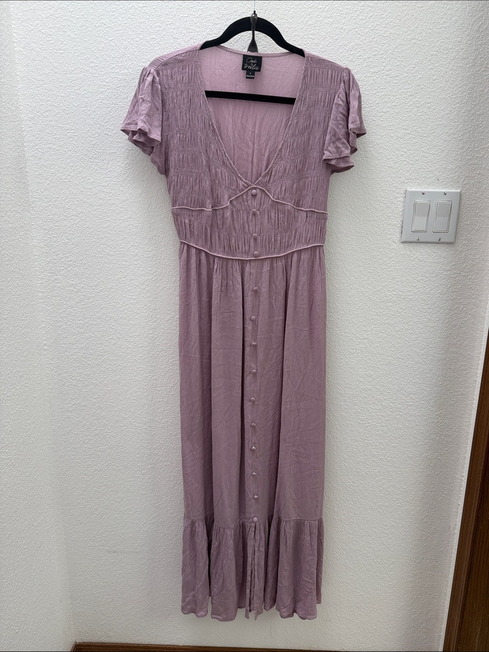 OAK + FORT Lavender Crinkle Button Front Maxi Dress Cottagecore Boho size Medium
